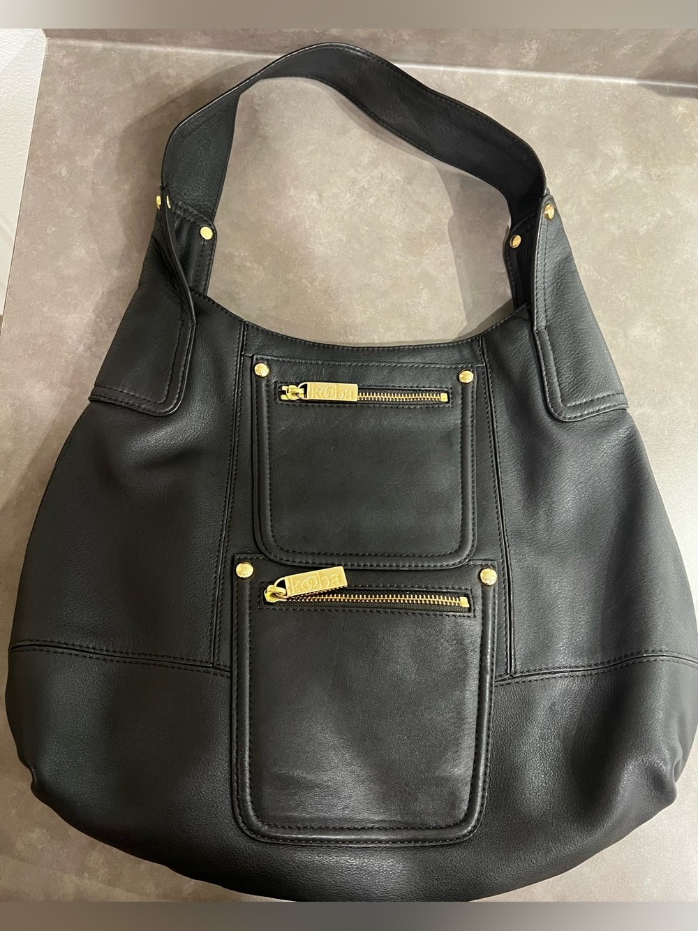 🌸KOOBA (Like NEW) Leather Hobo Large Shoulder Bag Purse Black Gold Zip Pockets